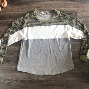 Camo, white and gray sweater
